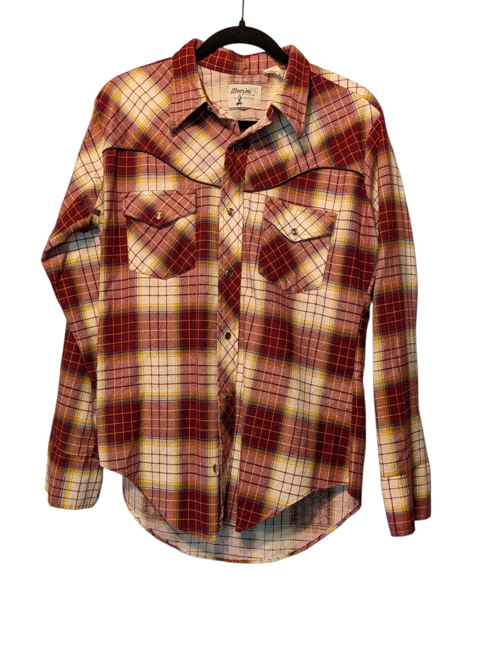 Monzini Collection Vintage Burgundy Plaid Pearl Button-Down Shirt Large